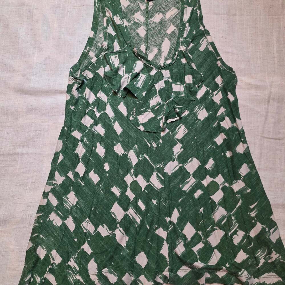 Banana Republic Green White Abstract Pattern Ruffle Neck Tank Top XL